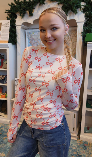 Sheer Red Bow Holiday Top