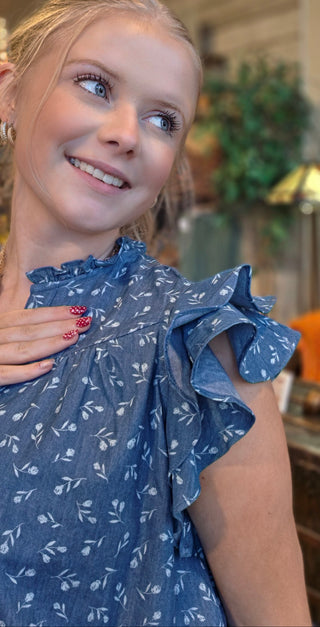 Ruffle V-Neck Denim Top