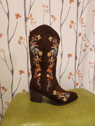 Chocolate Embroidered Suede Boots