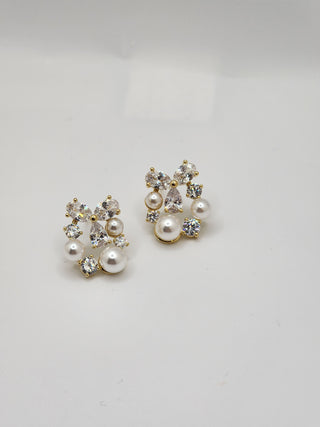 Cluster Diamond Pearl Stud Earrings
