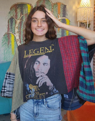 Band Tee Upcycled Flannel-Bob Marley Legend