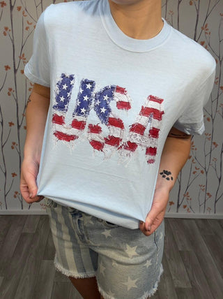 USA Faux Frayed Patchwork Tee