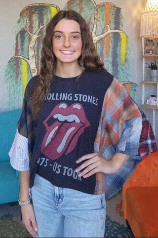 Band Tee Upcycled Flannel-Rolling Stones 75