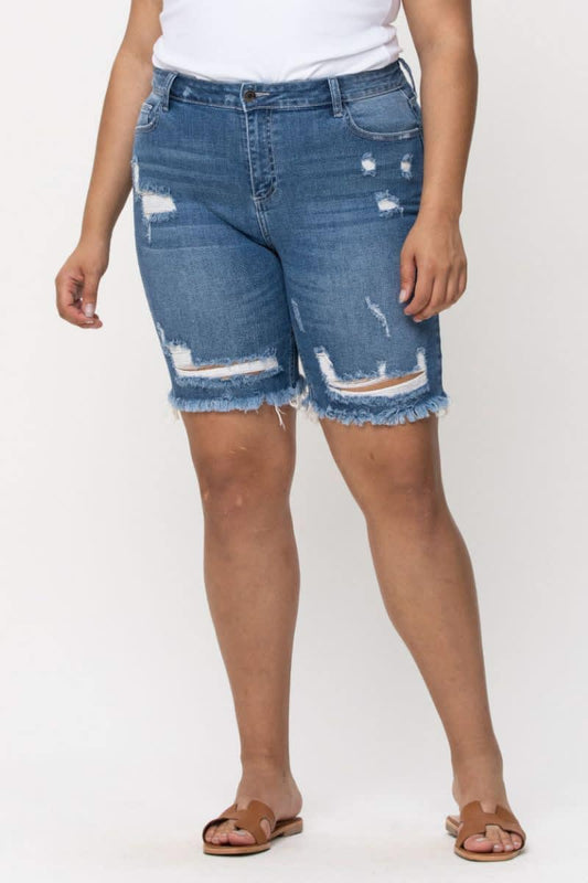 Plus Mid-Rise Bermuda Raw Hem Shorts - Weeping Willow Boutique